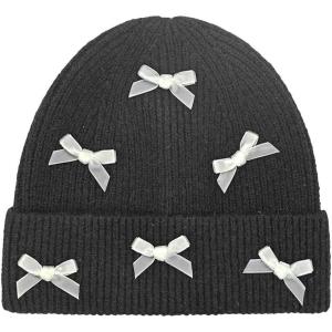 imageCC Knit Mini Velvet Bow Cuff Beanie for WomenBlackIvory