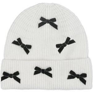 imageCC Knit Mini Velvet Bow Cuff Beanie for WomenIvoryBlack