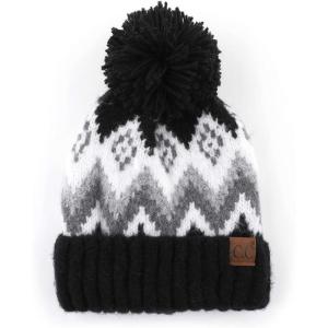 imageCC Multi Blend Pom Soft Fuzzy Lined Thick Knit Cuff Beanie HatAztec Black