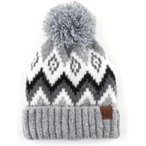 imageCC Multi Blend Pom Soft Fuzzy Lined Thick Knit Cuff Beanie HatAztec Light Melange Gray
