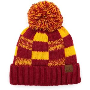 imageCC Multi Blend Pom Soft Fuzzy Lined Thick Knit Cuff Beanie HatCheckered MaroonGold