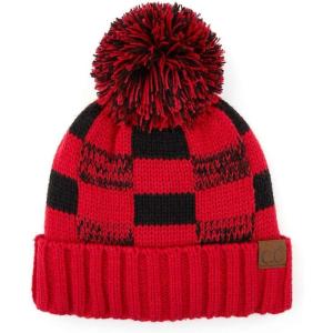 imageCC Multi Blend Pom Soft Fuzzy Lined Thick Knit Cuff Beanie HatCheckered RedBlack