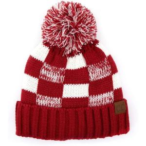 imageCC Multi Blend Pom Soft Fuzzy Lined Thick Knit Cuff Beanie HatCheckered RedWhite