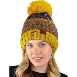 imageCC Multi Blend Pom Soft Fuzzy Lined Thick Knit Cuff Beanie HatMustardCamel