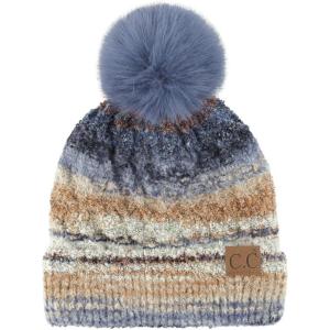 imageCC Multi Color Space Dye Wool Stretchable Soft Warm Pom Beanie with Faux Fur Pom Knit Winter Skully HatDenim Combo