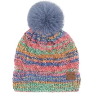 imageCC Multi Color Space Dye Wool Stretchable Soft Warm Pom Beanie with Faux Fur Pom Knit Winter Skully HatRed Combo