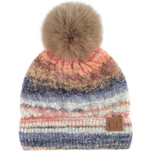 imageCC Multi Color Space Dye Wool Stretchable Soft Warm Pom Beanie with Faux Fur Pom Knit Winter Skully HatTaupe Combo