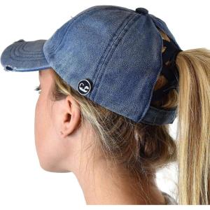 imageCC Ponycap Criss Cross Messy Bun Side Button for Mask Adjustable Baseball CapDenim