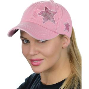 imageCC Ponycap Messy High Bun Ponytail Adjustable Glitter Star Distressed Baseball Cap HatLight Pink