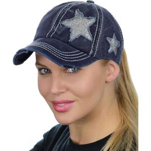 imageCC Ponycap Messy High Bun Ponytail Adjustable Glitter Star Distressed Baseball Cap HatNavy