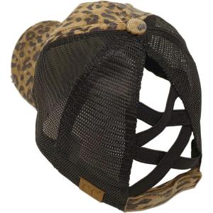 imageCC Ponytail Criss Cross Messy Buns Ponycaps Baseball Cap Dad Trucker Mesh Hat Distressed Baby LeopardBlack