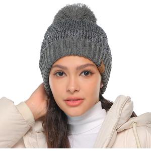 imageCC Sequin Pom Beanie for Women  Acrylic Stretchable Soft Warm Knit Winter Skully Hat with Yarn PomSequindk Mel Grey  Grey