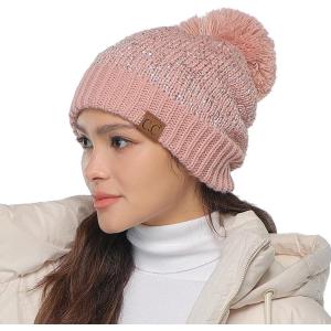 imageCC Sequin Pom Beanie for Women  Acrylic Stretchable Soft Warm Knit Winter Skully Hat with Yarn PomSequinrose  Rose