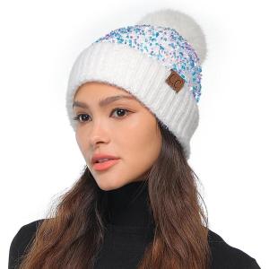 imageCC Sequin Pom Beanie for Women  Acrylic Stretchable Soft Warm Knit Winter Skully Hat with Yarn PomSparkleswhite