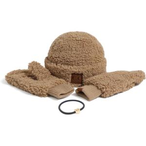 imageCC Sherpa Cuff Beanie Hat Suede Logo and Sherpa Mitten Gloves HAT008MT008Dkcamelgift Set