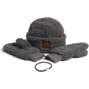 imageCC Sherpa Cuff Beanie Hat Suede Logo and Sherpa Mitten Gloves HAT008MT008Greygift Set
