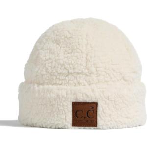 imageCC Sherpa Cuff Beanie Hat Suede Logo and Sherpa Mitten Gloves HAT008MT008Ivorybeanie