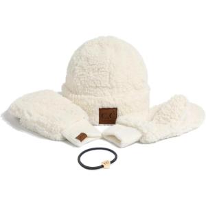 imageCC Sherpa Cuff Beanie Hat Suede Logo and Sherpa Mitten Gloves HAT008MT008Ivorygift Set