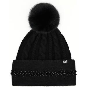 imageCC Star Stud Fur Pom Beanie for Women  Recycled Yarn Stretchable Soft Warm Knit Winter Skully Hat with Faux Fur PomPearlblack