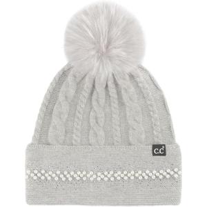 imageCC Star Stud Fur Pom Beanie for Women  Recycled Yarn Stretchable Soft Warm Knit Winter Skully Hat with Faux Fur PomPearlltgrey