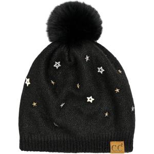 imageCC Star Stud Fur Pom Beanie for Women  Recycled Yarn Stretchable Soft Warm Knit Winter Skully Hat with Faux Fur PomStar Studblack