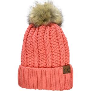imageCC Thick Cable Knit Faux Fuzzy Fur Pom Fleece Lined Skull Cap Cuff Beanie Coral
