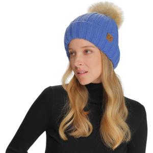 imageCC Thick Cable Knit Faux Fuzzy Fur Pom Fleece Lined Skull Cap Cuff BeanieIris Blue