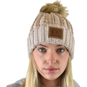 imageCC Thick Cable Knit Faux Fuzzy Fur Pom Skull Cap Cuff BeanieCenter Patch Beige