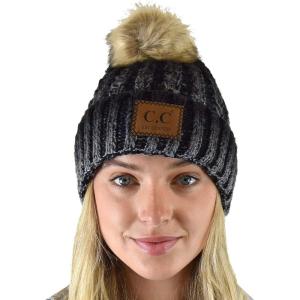 imageCC Thick Cable Knit Faux Fuzzy Fur Pom Skull Cap Cuff BeanieCenter Patch Black