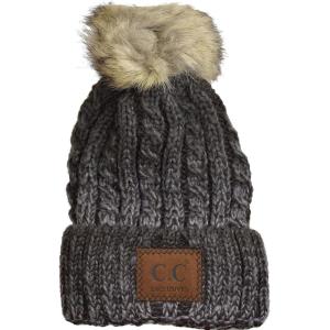 imageCC Thick Cable Knit Faux Fuzzy Fur Pom Skull Cap Cuff BeanieCenter Patch Brown