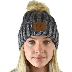 imageCC Thick Cable Knit Faux Fuzzy Fur Pom Skull Cap Cuff BeanieCenter Patch Gray