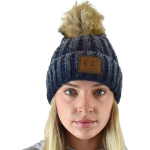 imageCC Thick Cable Knit Faux Fuzzy Fur Pom Skull Cap Cuff BeanieCenter Patch Navy