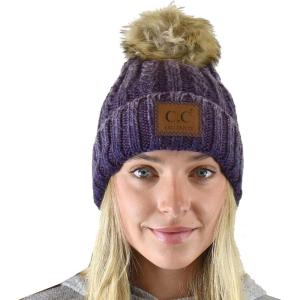 imageCC Thick Cable Knit Faux Fuzzy Fur Pom Skull Cap Cuff BeanieCenter Patch Purple
