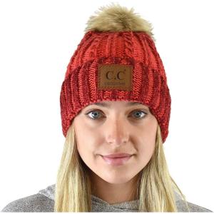 imageCC Thick Cable Knit Faux Fuzzy Fur Pom Skull Cap Cuff BeanieCenter Patch Red