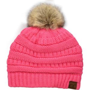 imageCC Trendy Fuzzy Fleece Lined Warm Comfortable Soft Stretch Cable Knit Ribbed Faux Fur Pom Pom Beanie HatCandy Pink