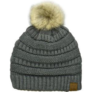 imageCC Trendy Fuzzy Fleece Lined Warm Comfortable Soft Stretch Cable Knit Ribbed Faux Fur Pom Pom Beanie HatDark Melange Grey