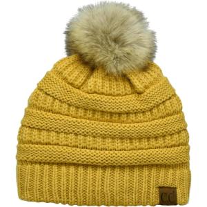imageCC Trendy Fuzzy Fleece Lined Warm Comfortable Soft Stretch Cable Knit Ribbed Faux Fur Pom Pom Beanie HatHoney Mustard