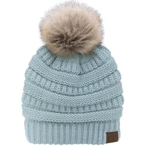 imageCC Trendy Fuzzy Fleece Lined Warm Comfortable Soft Stretch Cable Knit Ribbed Faux Fur Pom Pom Beanie HatMint Green