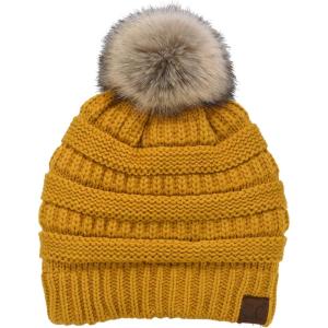 imageCC Trendy Fuzzy Fleece Lined Warm Comfortable Soft Stretch Cable Knit Ribbed Faux Fur Pom Pom Beanie HatMustard Yellow