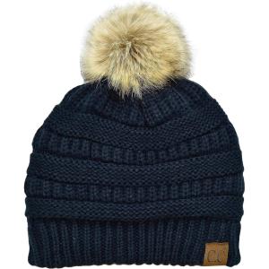 imageCC Trendy Fuzzy Fleece Lined Warm Comfortable Soft Stretch Cable Knit Ribbed Faux Fur Pom Pom Beanie HatNavy Blue