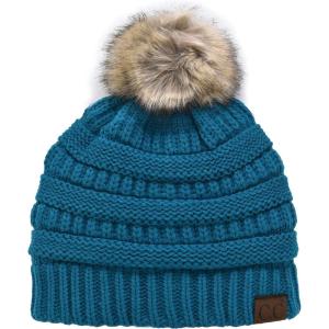 imageCC Trendy Fuzzy Fleece Lined Warm Comfortable Soft Stretch Cable Knit Ribbed Faux Fur Pom Pom Beanie HatTeal Blue
