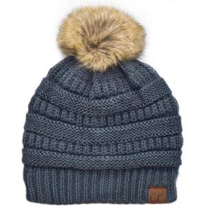 imageCC Trendy Fuzzy Fleece Lined Warm Comfortable Soft Stretch Cable Knit Ribbed Faux Fur Pom Pom Beanie HatTeal Grey