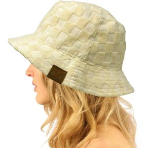 imageCC Unisex Packable Bucket Sun Beach Pool Fisherman HatTerry Cloth Checkered Beige
