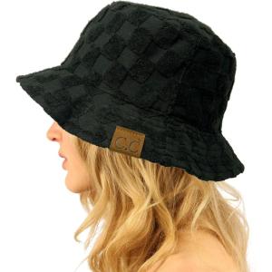 imageCC Unisex Packable Bucket Sun Beach Pool Fisherman HatTerry Cloth Checkered Black