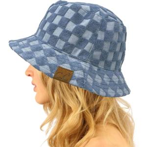 imageCC Unisex Packable Bucket Sun Beach Pool Fisherman HatTerry Cloth Checkered Denim