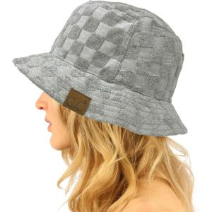 imageCC Unisex Packable Bucket Sun Beach Pool Fisherman HatTerry Cloth Checkered Gray