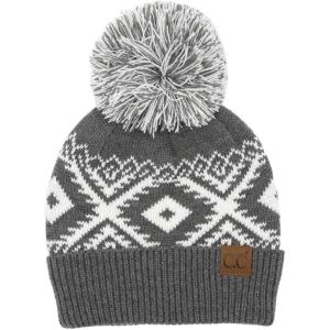 imageCC Unisex Warm Soft Knit Pom Beanie HatAztec Dark Melange Gray