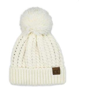 imageCC Unisex Warm Soft Knit Pom Beanie HatCable Twist Ivory