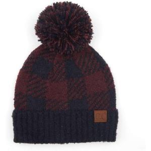imageCC Unisex Warm Soft Knit Pom Beanie HatCheckered BlackBerry