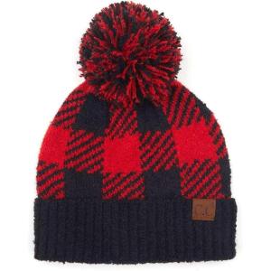 imageCC Unisex Warm Soft Knit Pom Beanie HatCheckered RedBlack